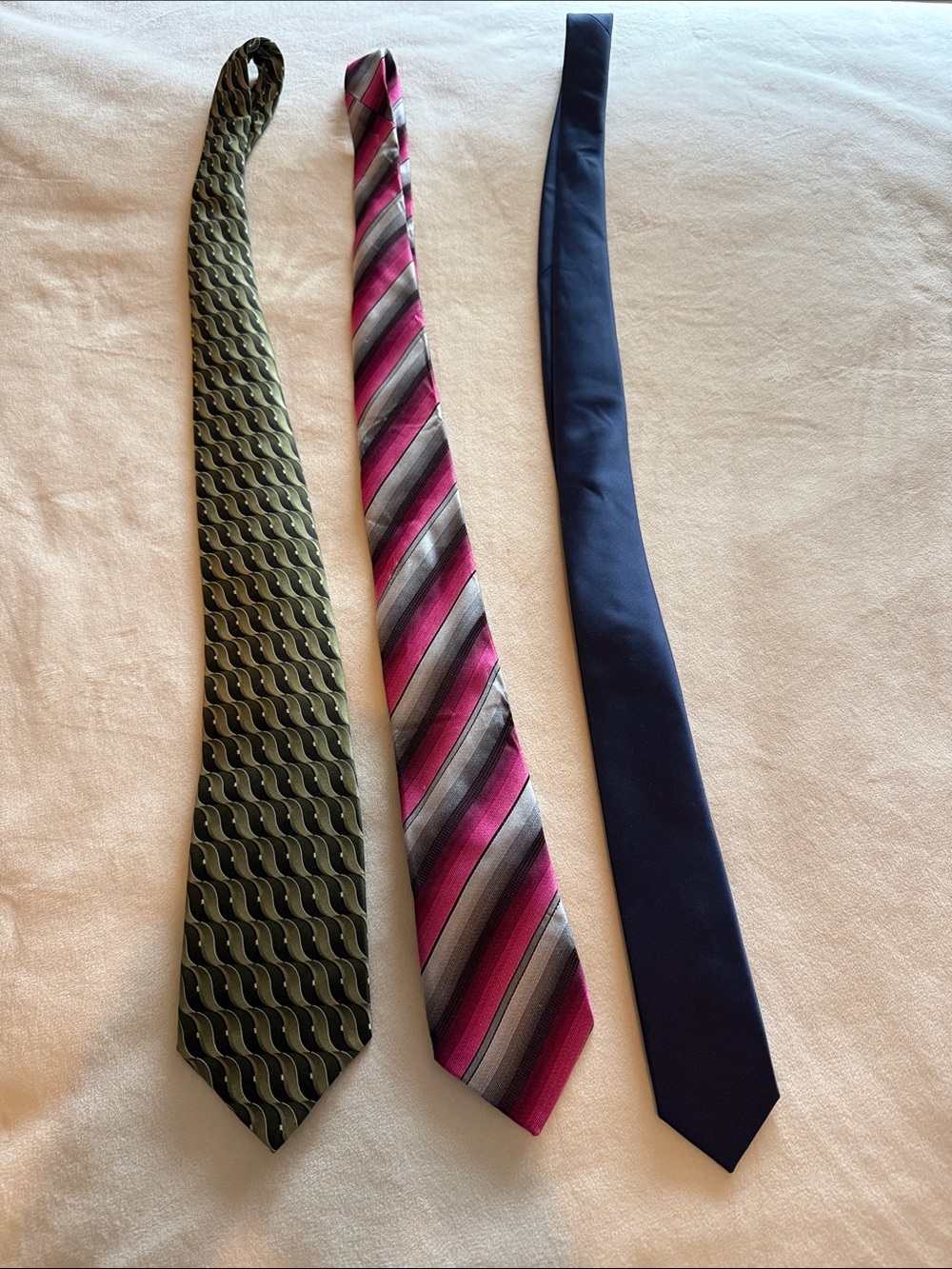 Three-Tie Set — Navy Solid, Pink & Gray Stripe, Olive Wave